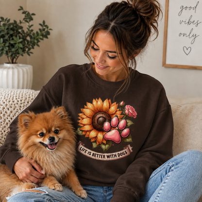 A woman sitting on a beige couch with a small fluffy Pomeranian dog, wearing a dark brown sweatshirt with a sunflower, pink paw prints, and a banner that reads 'LIFE IS BETTER WITH DOGS'.