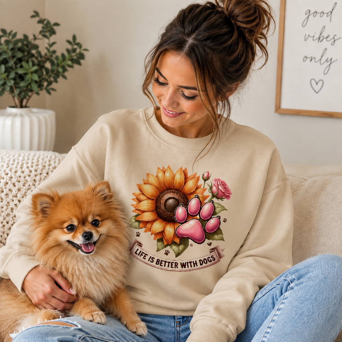 A woman sitting on a beige couch with a small fluffy Pomeranian dog, wearing a cream-colored sweatshirt with a sunflower, pink paw print, and the text 'LIFE IS BETTER WITH DOGS' printed on the front.