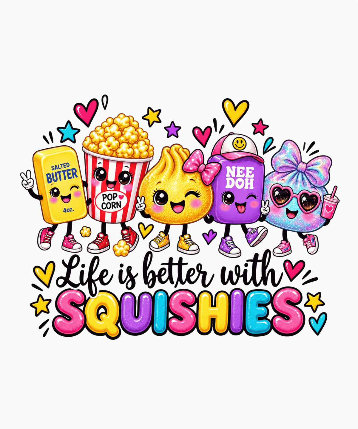 A colorful graphic design featuring cute cartoon food characters and the text 'Life is better with SQUISHIES' on a plain white background.