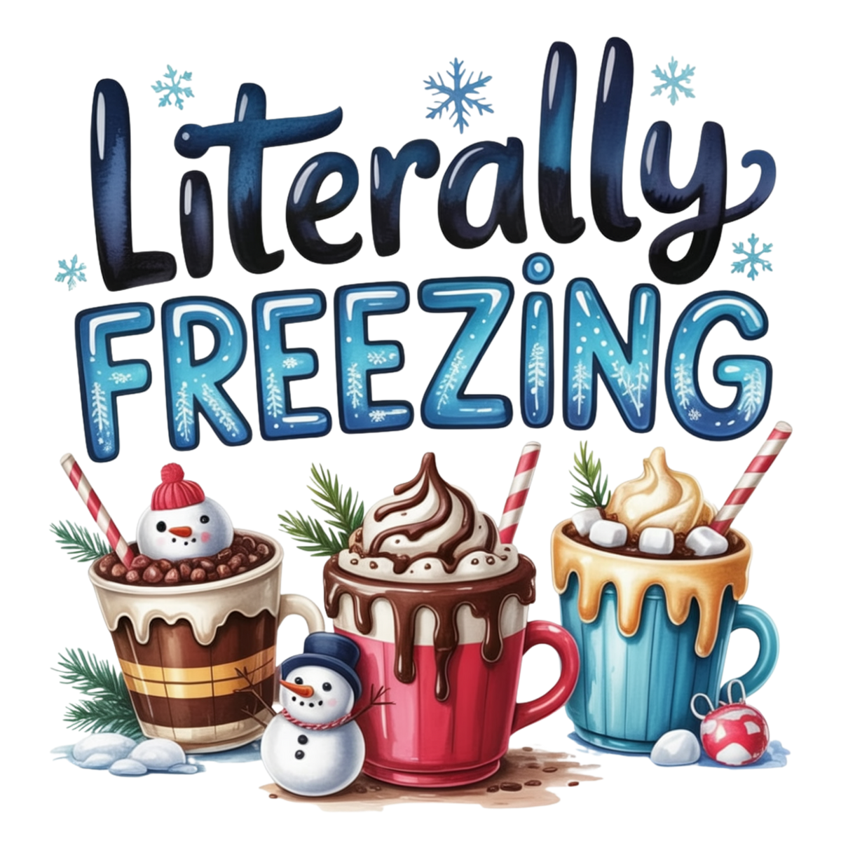 A festive illustrated graphic with the phrase “Literally Freezing” in large blue and black lettering above three hot cocoa drinks in mugs, with snowflakes and small snowman decorations on a white background.