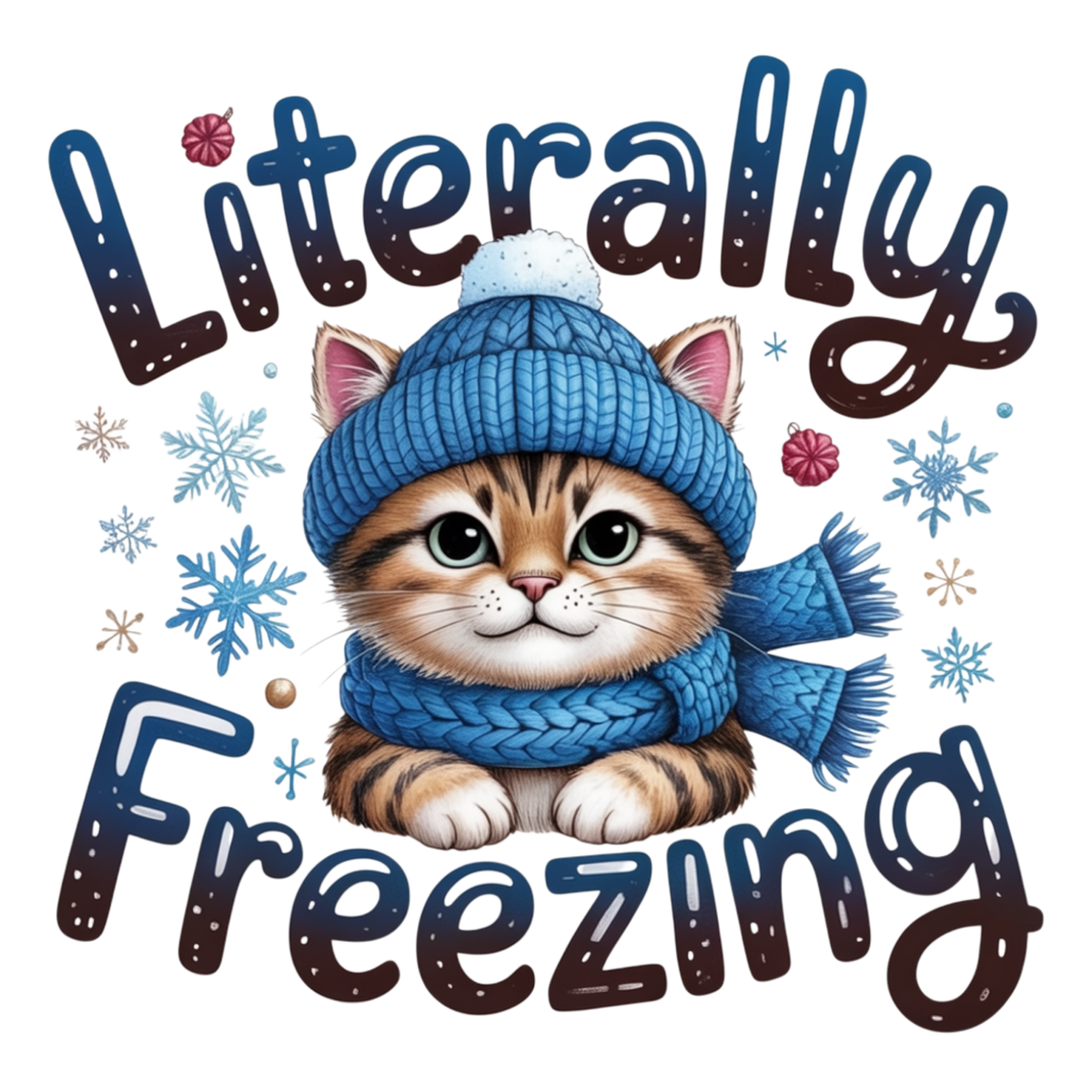 A cute cartoon kitten wearing a blue knit hat and matching scarf, surrounded by snowflakes and the words “Literally Freezing” in dark blue gradient lettering on a white background.
