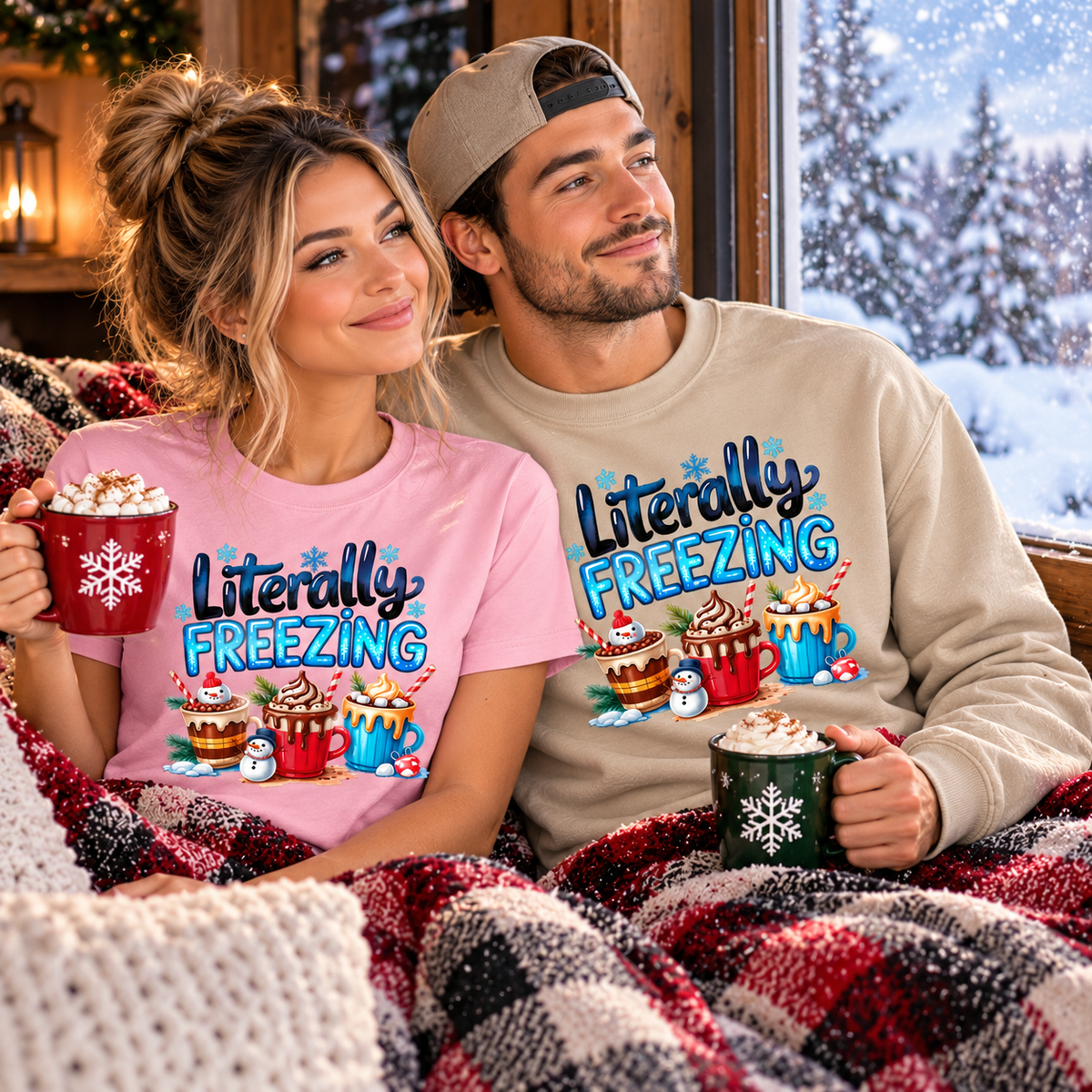A man and a woman sitting together in a cozy indoor setting, wrapped in a red, black, and white plaid blanket. The woman wears a pink t-shirt with a 'Literally Freezing' graphic, and the man wears a beige crewneck sweatshirt with the same graphic.