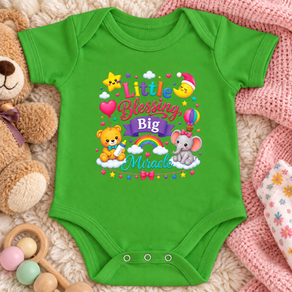 A apple green short-sleeve baby bodysuit The bodysuit features a colorful graphic that reads 'Little Blessing Big Miracle' with cartoon animals, stars, hearts, and a rainbow.
