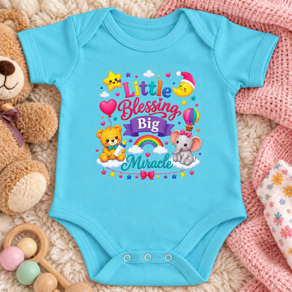 A aqua blue short-sleeve baby bodysuit The bodysuit features a colorful graphic that reads 'Little Blessing Big Miracle' with cartoon animals, stars, hearts, and a rainbow.