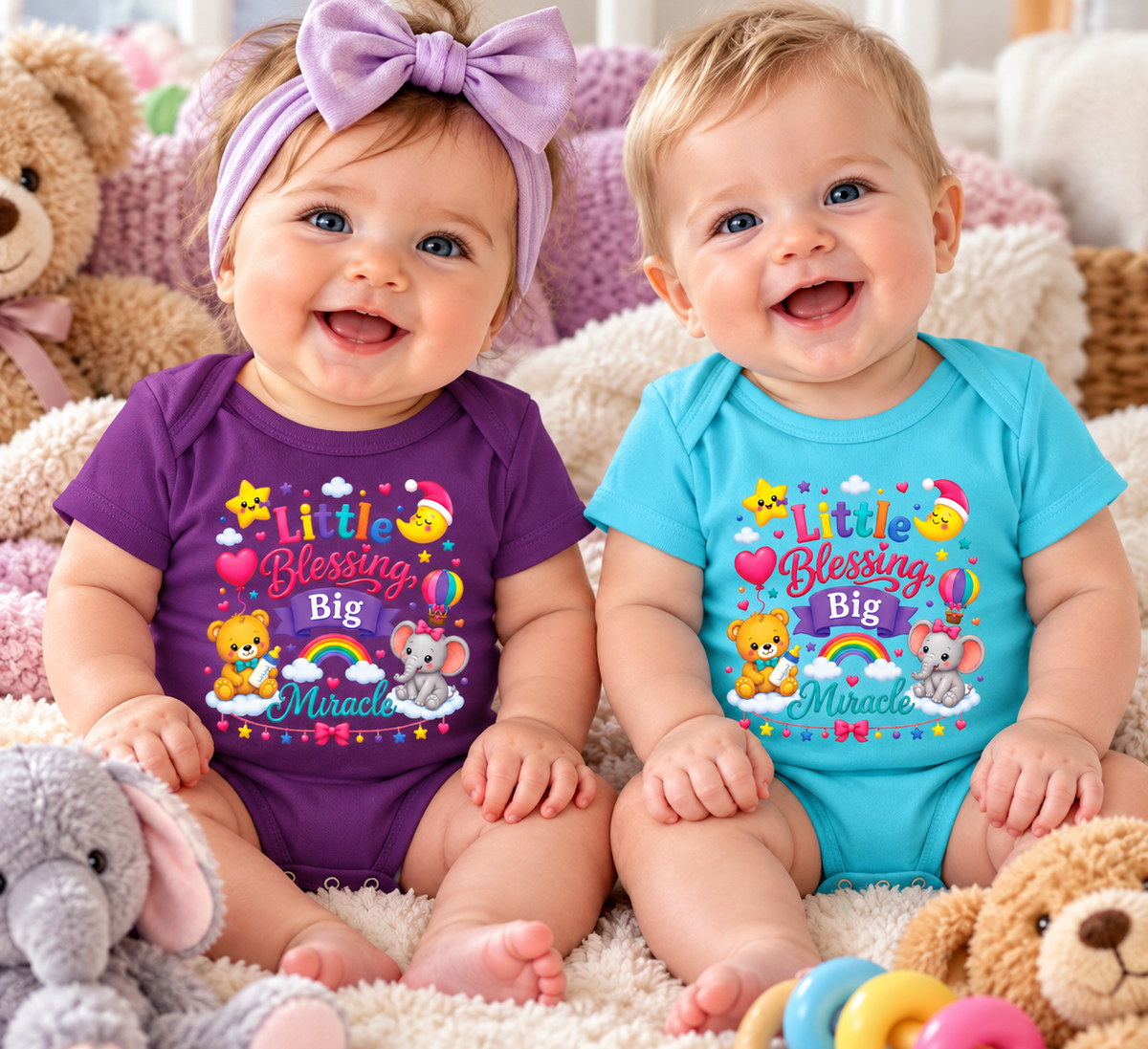 Two smiling babies sitting on a plush rug surrounded by toys, wearing matching colorful bodysuits with a cartoon rainbow design that reads 'Little Blessing Big Miracle.' One baby wears a purple bodysuit and a lavender bow headband, and the other wears a turquoise bodysuit.