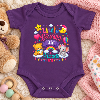 A purple short-sleeve baby bodysuit The bodysuit features a colorful graphic that reads 'Little Blessing Big Miracle' with cartoon animals, stars, hearts, and a rainbow.