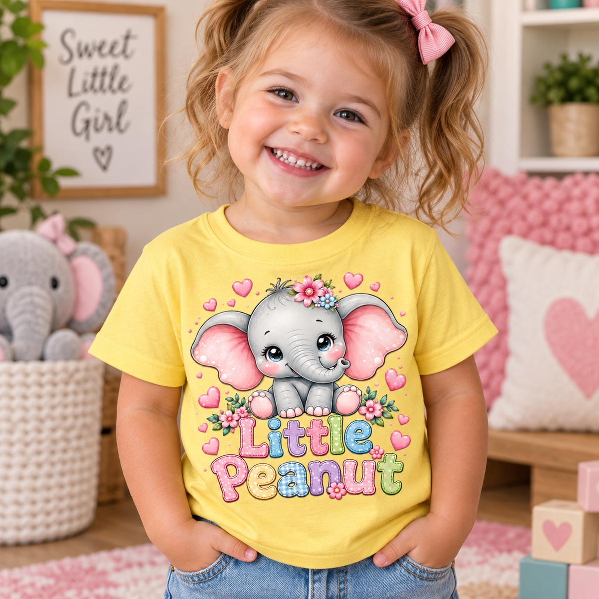 A young girl with blonde pigtails wearing a bright yellow t-shirt with a cute cartoon elephant graphic and the text 'Little Peanut'.