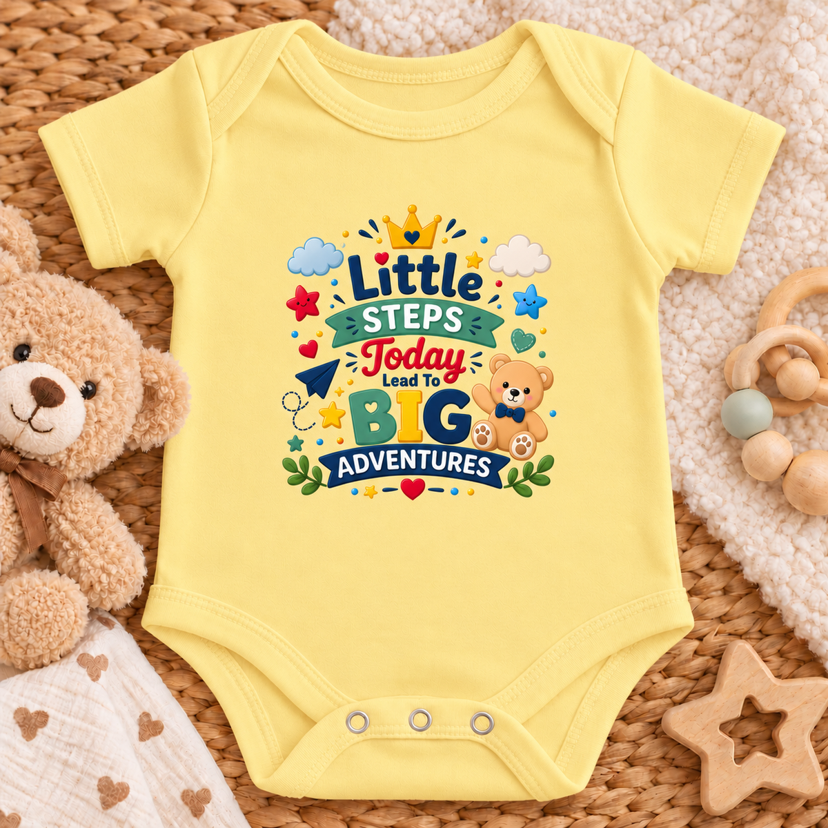 A butter yellow short-sleeve baby bodysuit laid flat on a woven mat, surrounded by plush teddy bears and soft baby toys. The front has a colorful printed graphic reading “Little Steps Today Lead To BIG Adventures” with stars, clouds, hearts, and a teddy bear.
