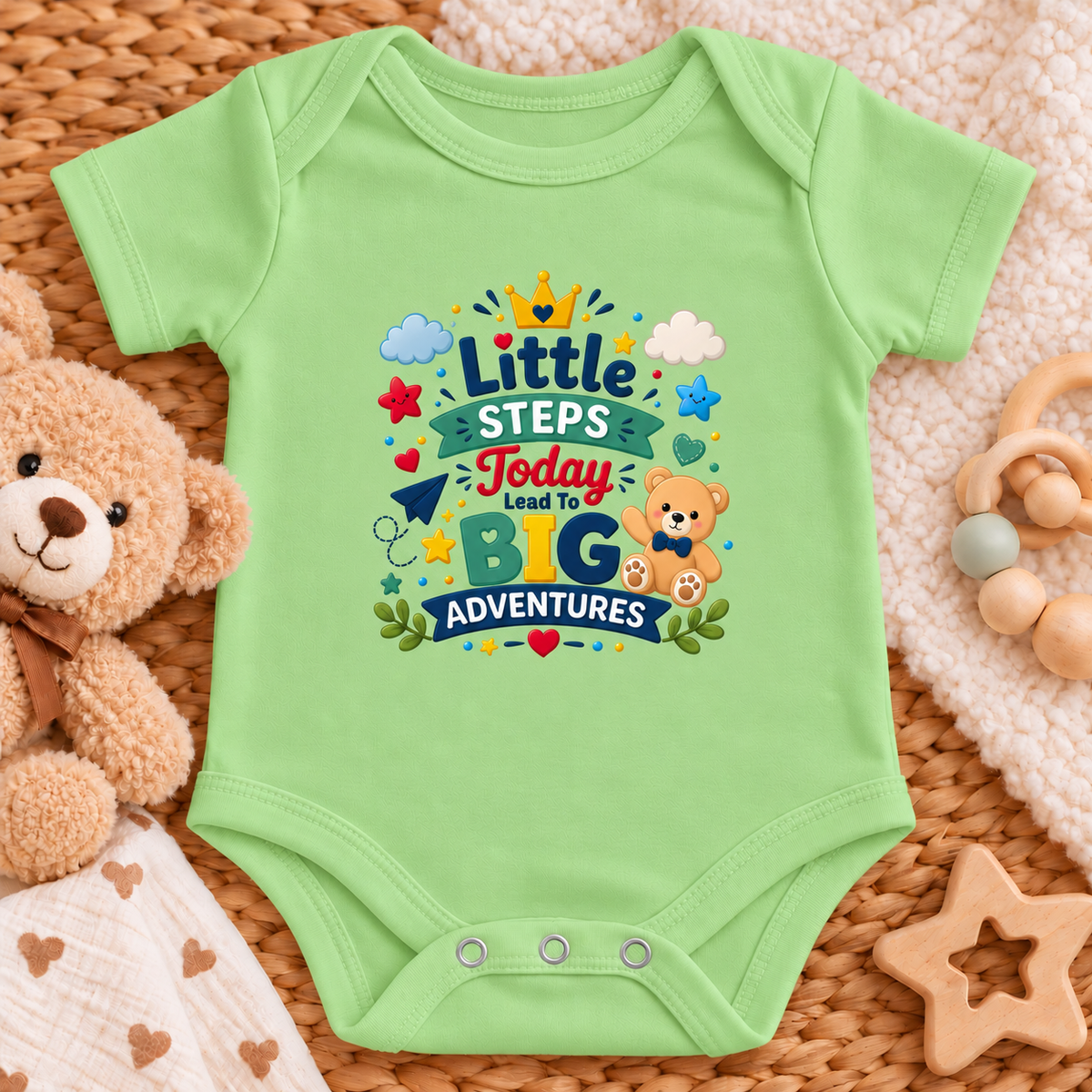 A keylime green baby bodysuit with a colorful graphic that reads 'Little Steps Today Lead To Big Adventures' and features cartoon stars, clouds, a crown, and a teddy bear. The bodysuit is styled in a flat-lay arrangement on a woven mat with a plush teddy bear, wooden toys, and a soft blanket.
