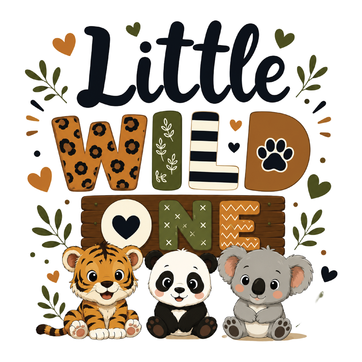 A cute cartoon graphic with the words “Little Wild One” in decorative lettering, surrounded by leaves, hearts, and animal illustrations. At the bottom, three cartoon animals sit together: a tiger cub, a panda, and a koala, all on a white background.