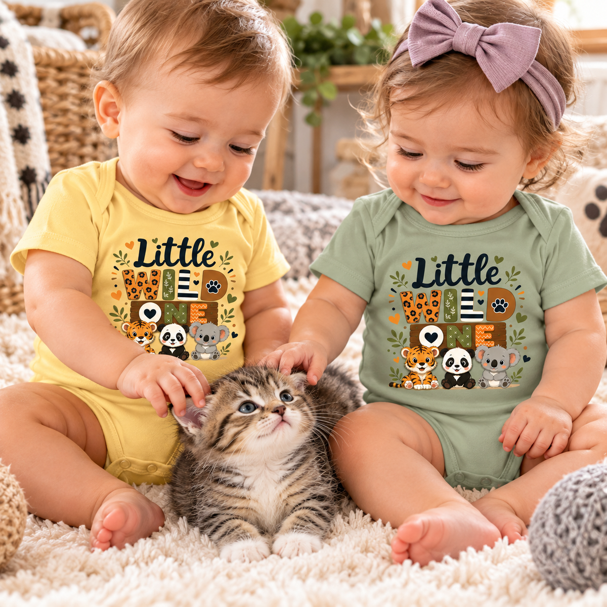 Two infants sitting on a fluffy cream rug, wearing matching graphic baby bodysuits. The infant on the left wears a butter yellow one-piece with a 'Little' animal print, and the infant on the right wears a sage green one-piece with a matching 'Little' animal print.