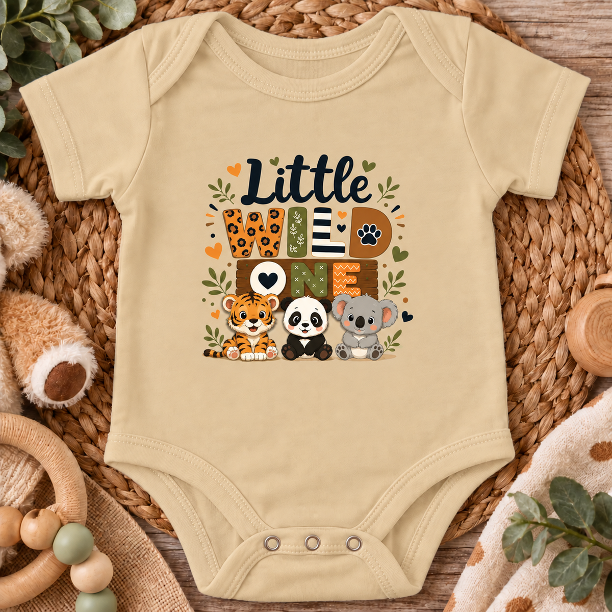 A latte colored short-sleeve baby bodysuit laid flat on a woven straw mat, featuring a colorful 'Little Wild' graphic with cartoon animals including a tiger, panda, koala, and a leopard.