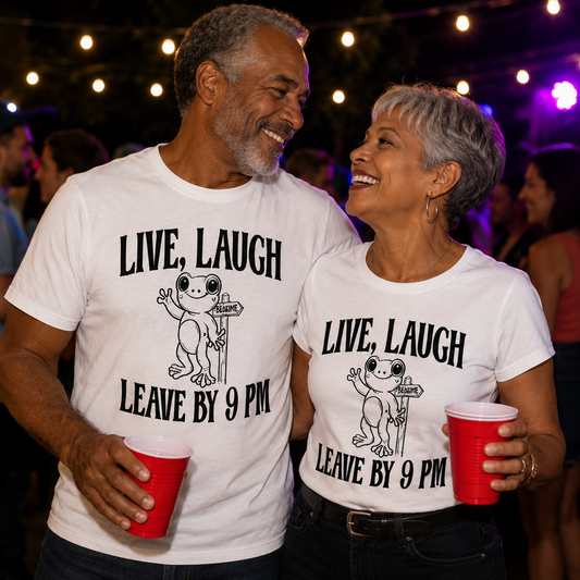 Two people wearing matching white colored t-shirts with a frog graphic and text "Live, Laugh Leave by 9pm holding red cups in a social setting.