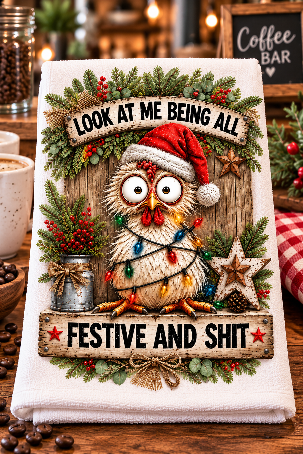 A white kitchen towel featuring a festive Christmas owl design with a Santa hat, colorful holiday lights, pine garlands, and humorous text reading 'LOOK AT ME BEING ALL' and 'FESTIVE AND SHIT', displayed on a rustic wooden table with coffee and holiday decor in the background.