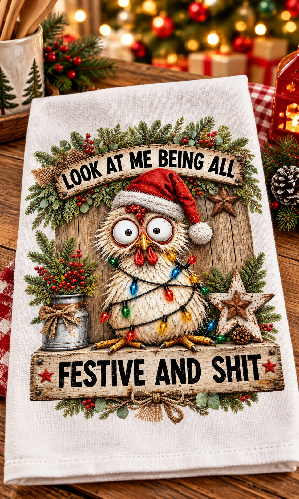 A white kitchen towel with a festive Christmas owl graphic, styled on a wooden table with holiday lights and decorations in the background.