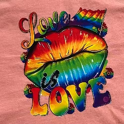 A rainbow-colored graphic t-shirt with the text 'Love is Love' and vivid lips in a heart shape on the front.