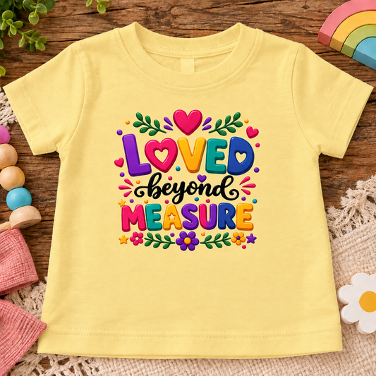 A butter yellow short-sleeve t-shirt with a colorful retro-style graphic reading 'LOVED beyond MEASURE' surrounded by hearts, flowers, and leaves, laid flat on a rustic wooden surface with children's toys and a rainbow prop.
