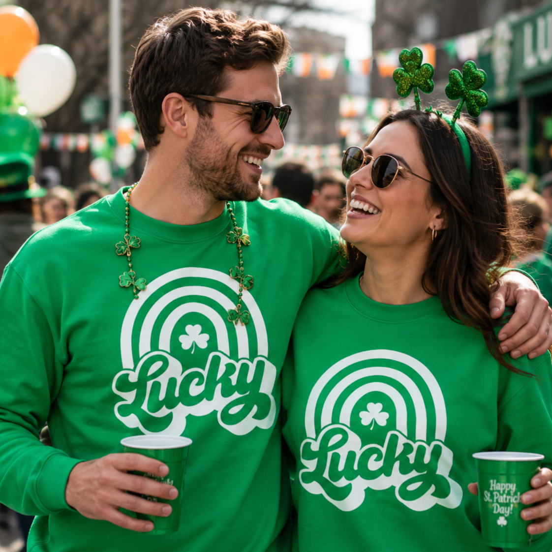 Two people wearing green colored sweatshirts with 'Lucky' on it at a St. Patrick's Day parade.