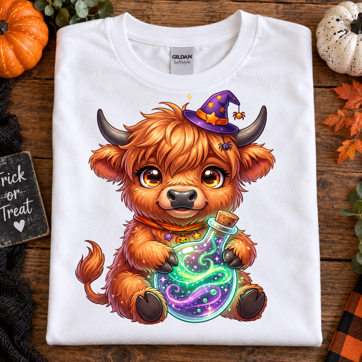 A folded white Gildan t-shirt with a colorful cartoon graphic of a fluffy orange-brown creature wearing a purple witch hat and holding a glowing potion bottle, displayed on a rustic wooden surface with autumn-themed props.