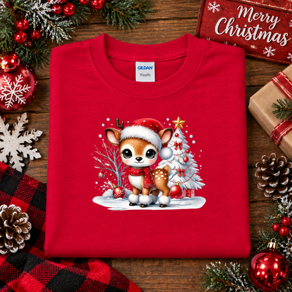 A folded red Gildan Peach crewneck sweatshirt with a cute cartoon deer in a Santa hat and scarf next to a Christmas tree, displayed on a wooden background with holiday decorations.