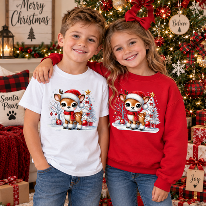 A young boy and girl standing together in front of a decorated Christmas tree, wearing matching holiday graphic t-shirts and sweatshirts. The boy wears a white shirt and the girl wears a red sweatshirt, both featuring a cartoon deer wearing a Santa hat and scarf.