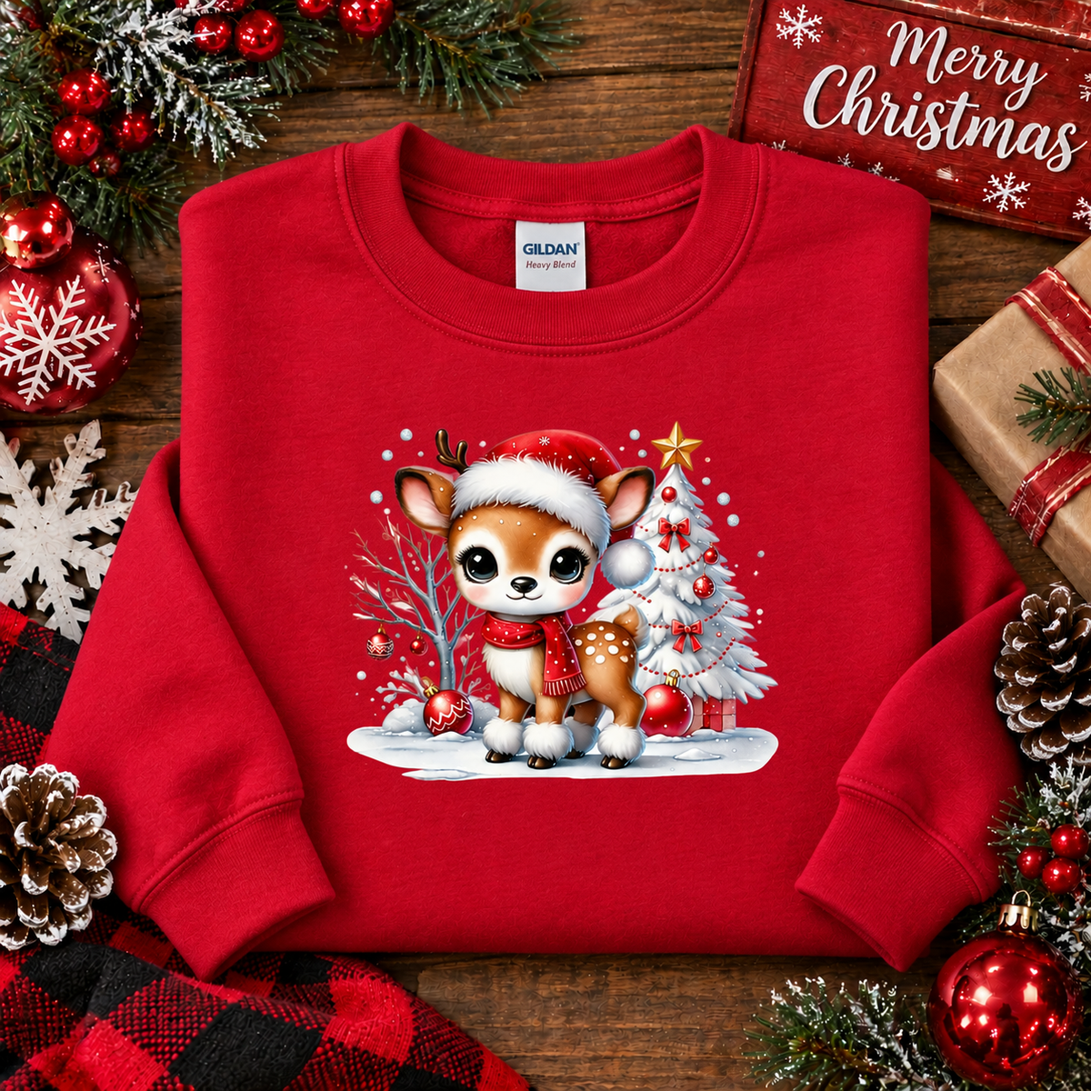 A red crewneck sweatshirt featuring a cute cartoon Christmas deer graphic, styled in a festive flat-lay with pine branches, ornaments, a plaid blanket, and a 'Merry Christmas' sign.