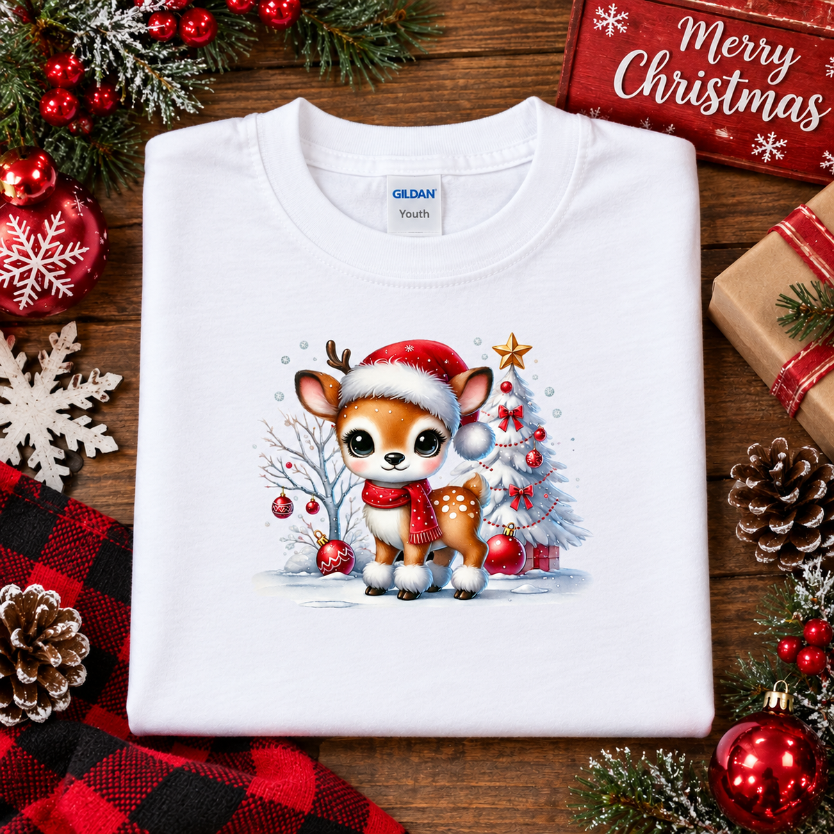 A folded white Gildan Youth t-shirt with a cute cartoon Christmas fawn graphic, styled in a flat-lay on a wooden surface with holiday decorations including a red plaid blanket, pinecones, ornaments, and a 'Merry Christmas' gift box.