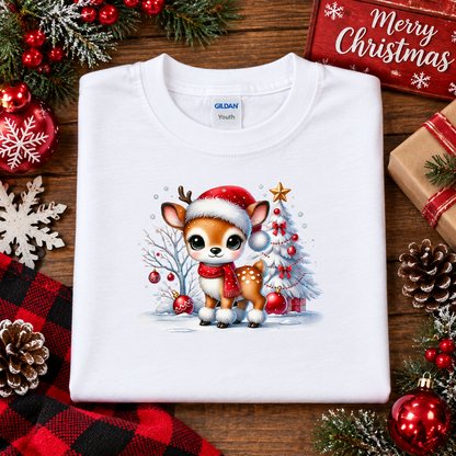 A folded white Gildan Youth t-shirt with a cute cartoon Christmas fawn graphic, styled in a flat-lay on a wooden surface with holiday decorations including a red plaid blanket, pinecones, ornaments, and a 'Merry Christmas' gift box.