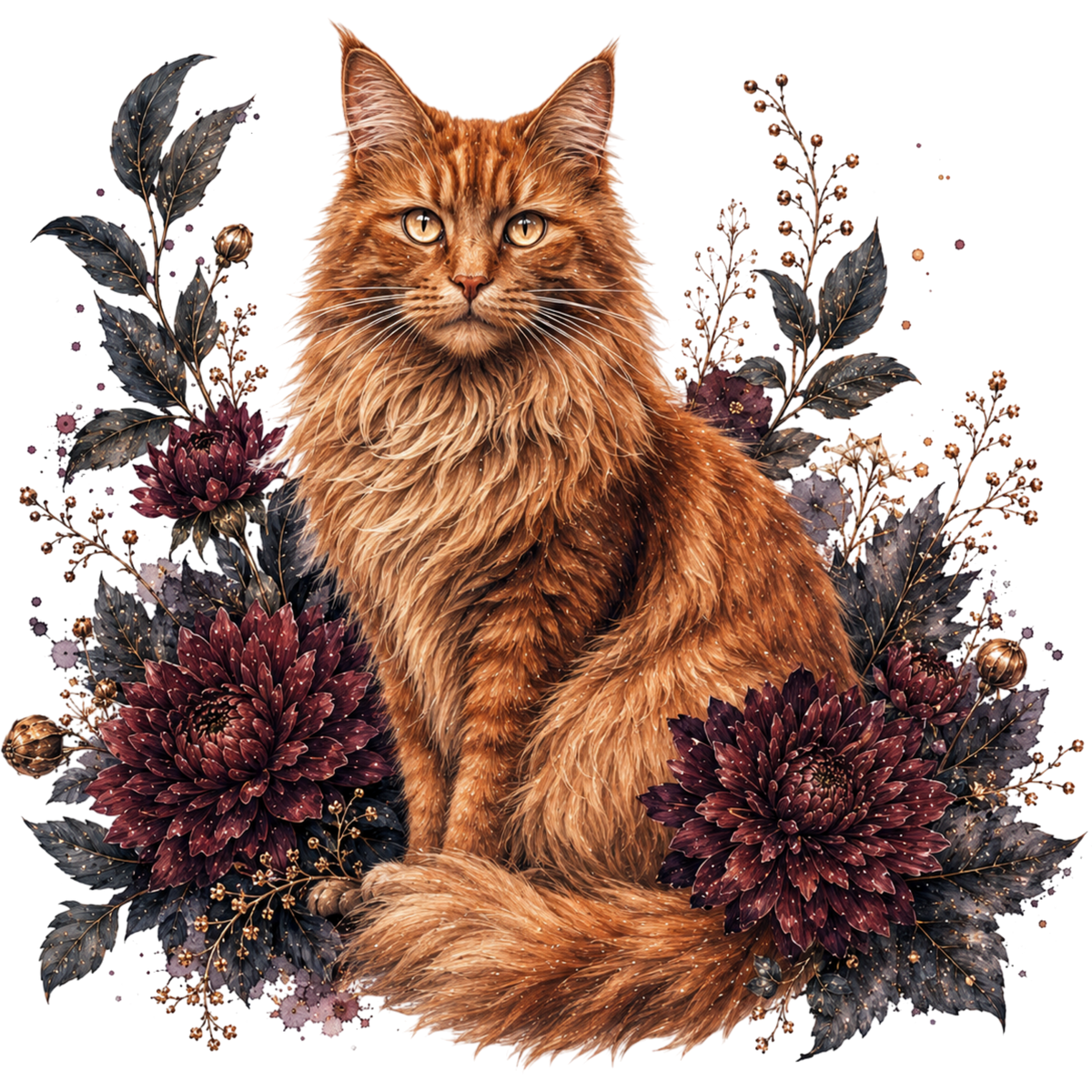 A long-haired orange tabby cat sits centered among dark burgundy flowers, muted green leaves, and small gold berries on a plain white background.