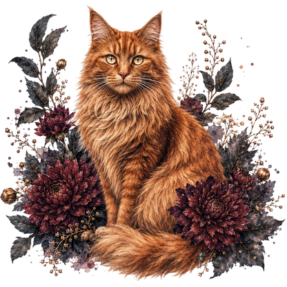 A long-haired orange tabby cat sits centered among dark burgundy flowers, muted green leaves, and small gold berries on a plain white background.