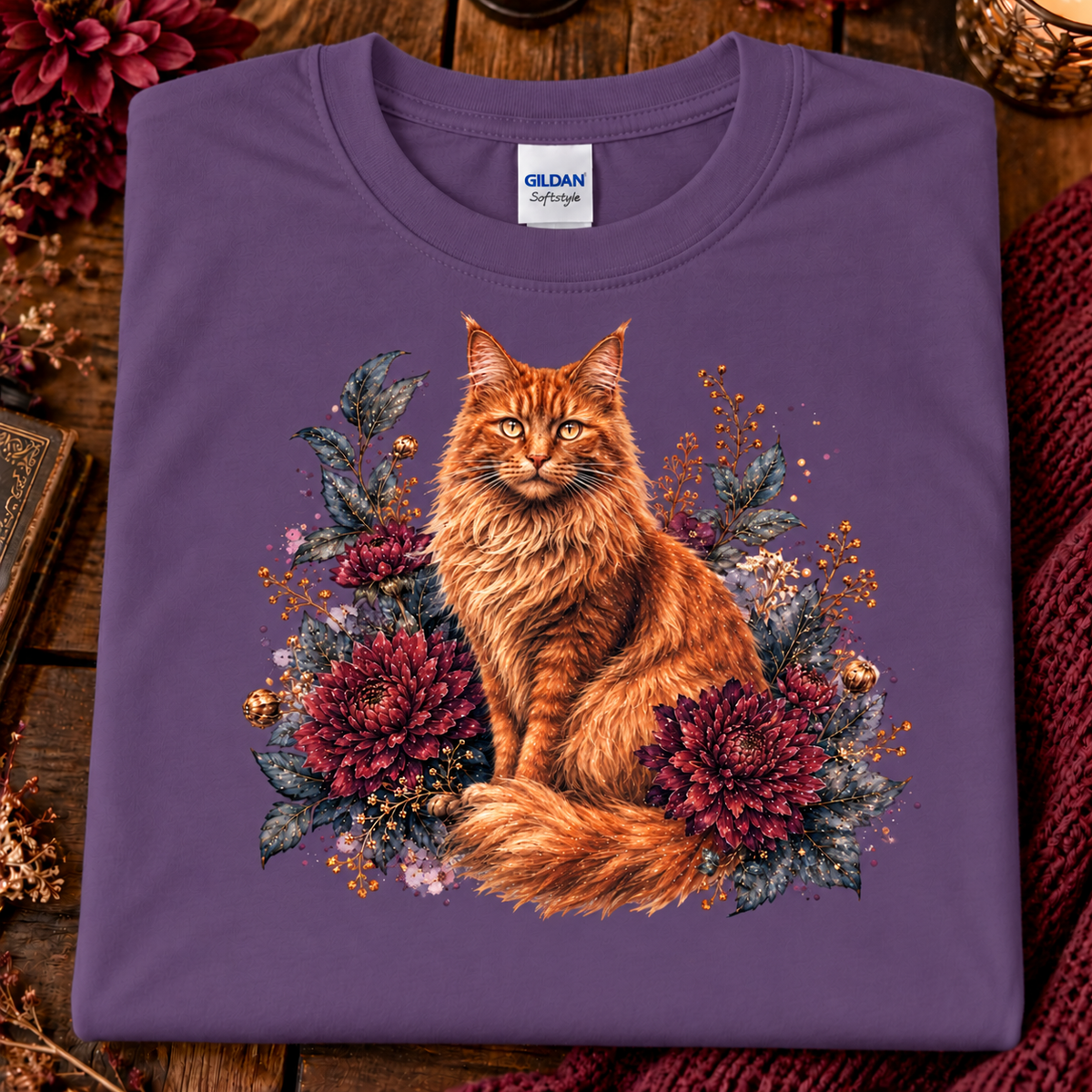 A folded heather purple Gildan Comfort T-shirt with a detailed graphic of a fluffy orange tabby cat surrounded by red and purple flowers, displayed on a rustic wooden background.