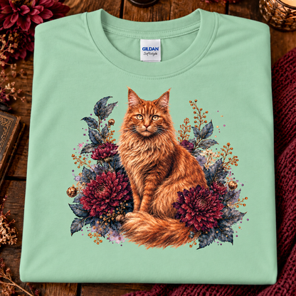 A folded mint green Gildan t-shirt featuring a detailed graphic of an orange tabby cat surrounded by red flowers and green leaves, displayed on a rustic wooden background with cozy props.