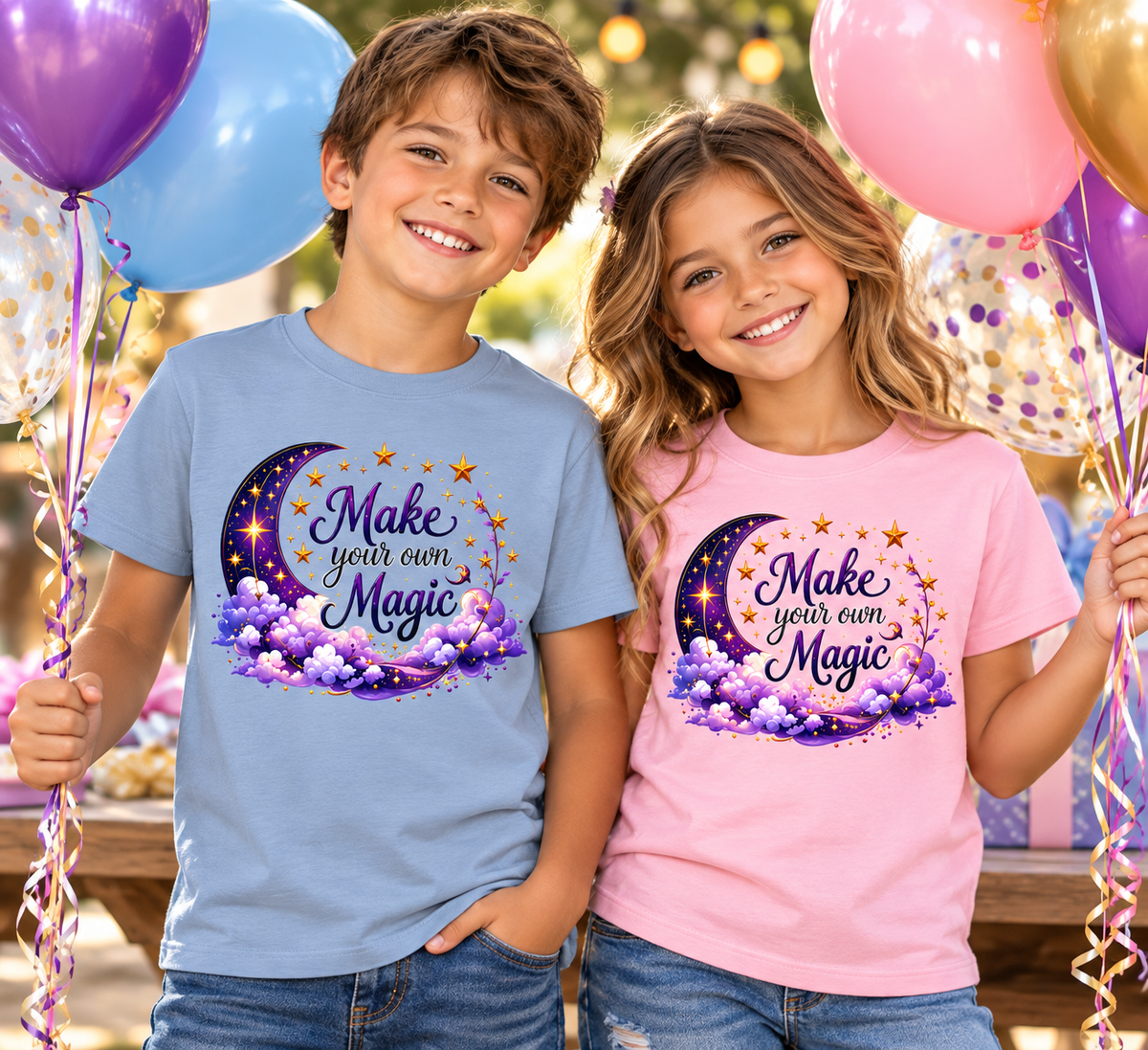 A youth boy and girl wearing a light blue and light pink Mke your own Magic graphic t-shirts