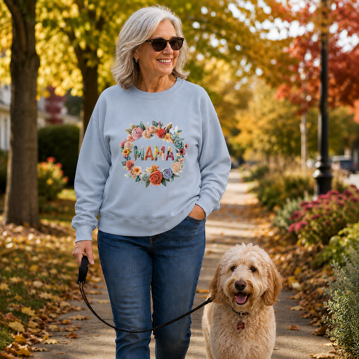 A woman walking a small golden dog on a leaf-covered path, wearing a light blue sweatshirt with a colorful floral wreath graphic that spells 'MAMA'.