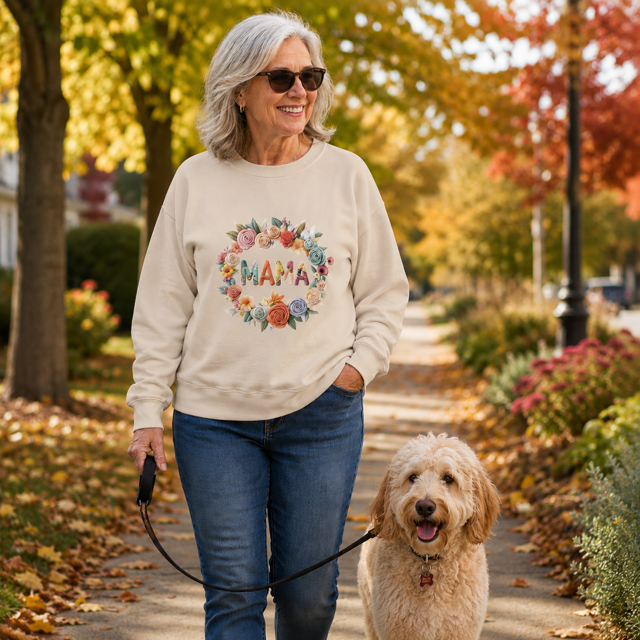 A woman walking a goldendoodle dog on a leaf-strewn autumn path, wearing a cream sweatshirt with a colorful floral 'MAMA' graphic and blue jeans.