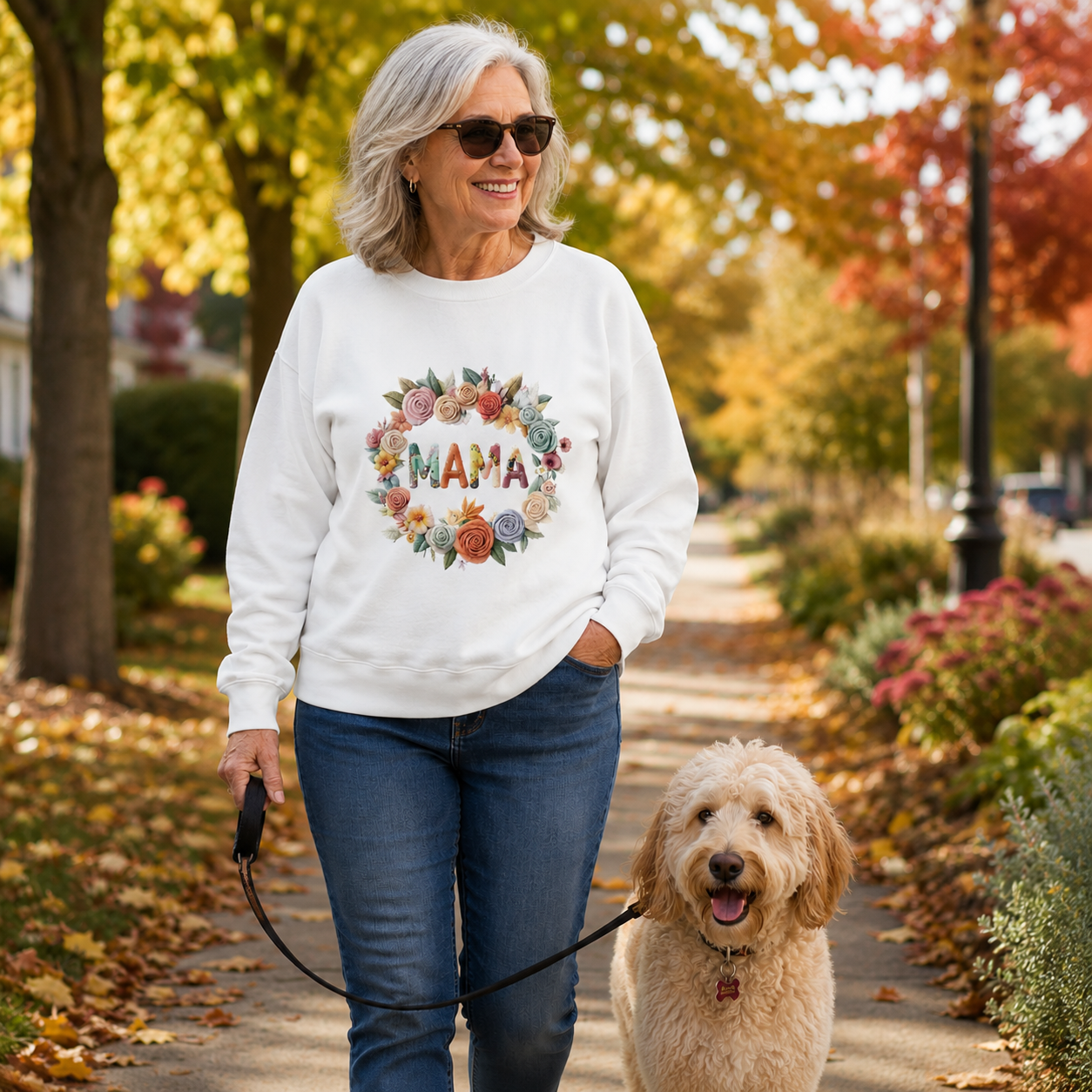 A woman walking a golden doodoodle dog on a leaf-covered path in autumn, wearing a white crewneck sweatshirt with a colorful floral wreath and the word 'MAMA' printed on the front.