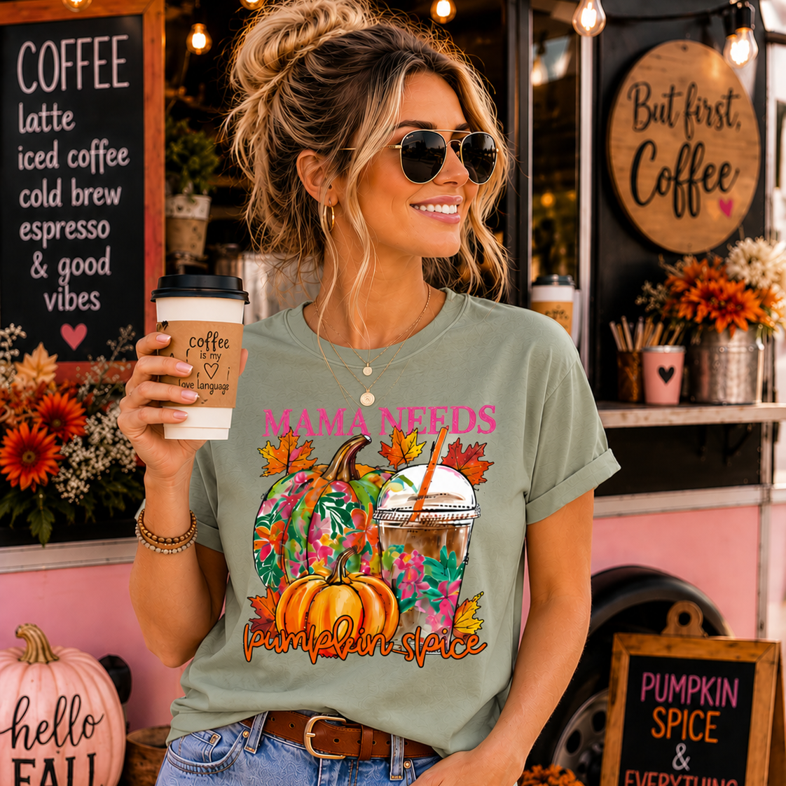 Woman wearing a 'Mama Needs Pumpkin Spice' shirt holding a coffee cup in front of a coffee truck.