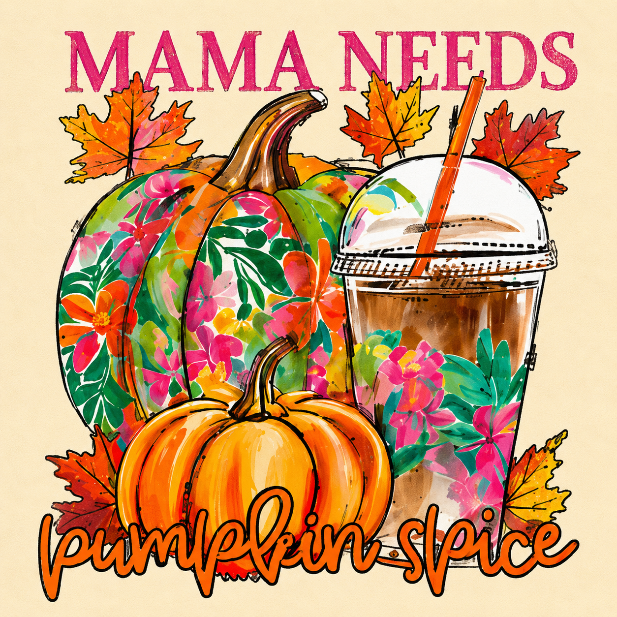 Colorful pumpkins and a coffee cup with autumn leaves and text on a beige background