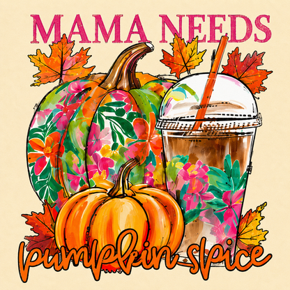 Colorful pumpkins and a coffee cup with autumn leaves and text on a beige background