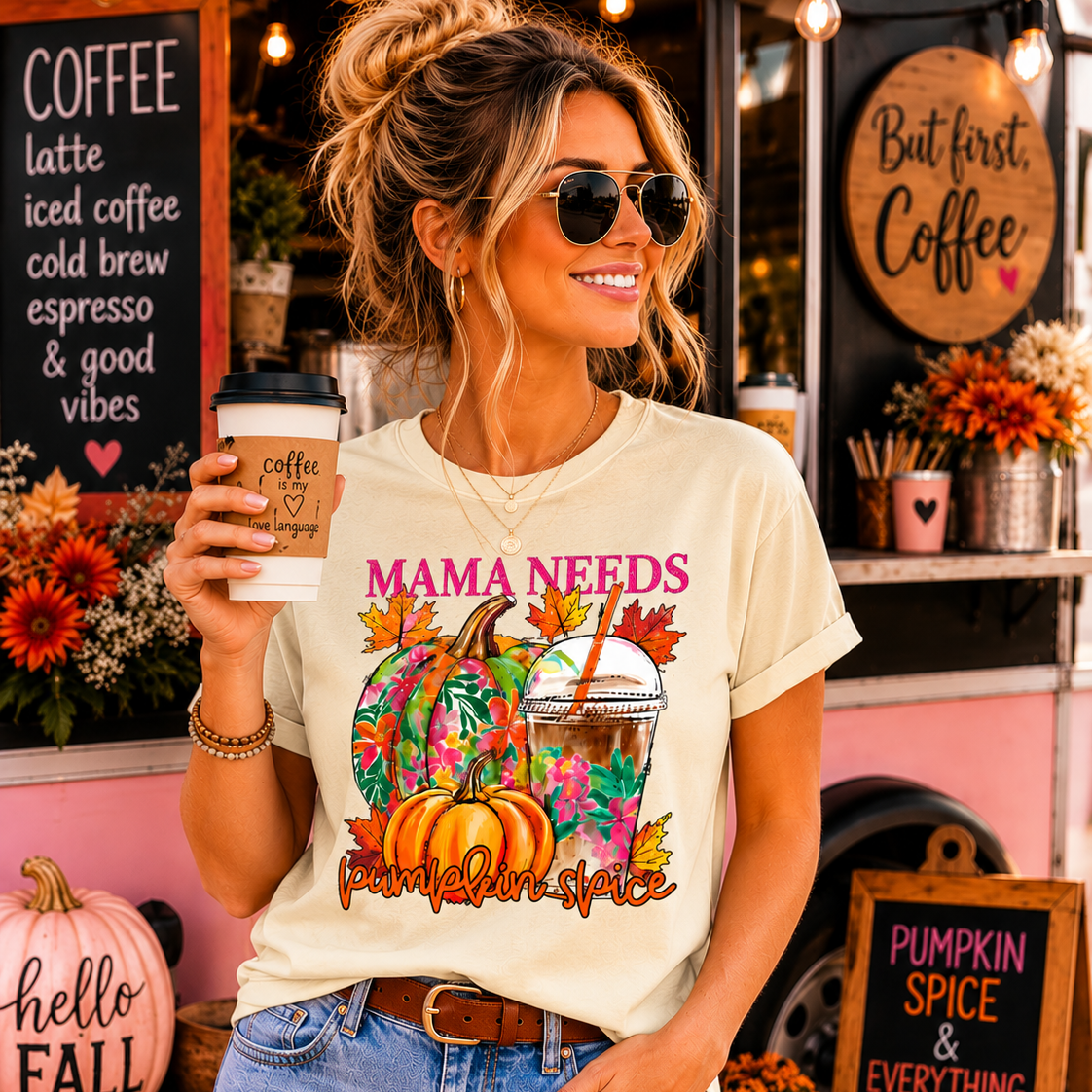 Woman holding a coffee cup in front of a coffee truck with 'Mama Needs Pumpkin Spice' shirt.
