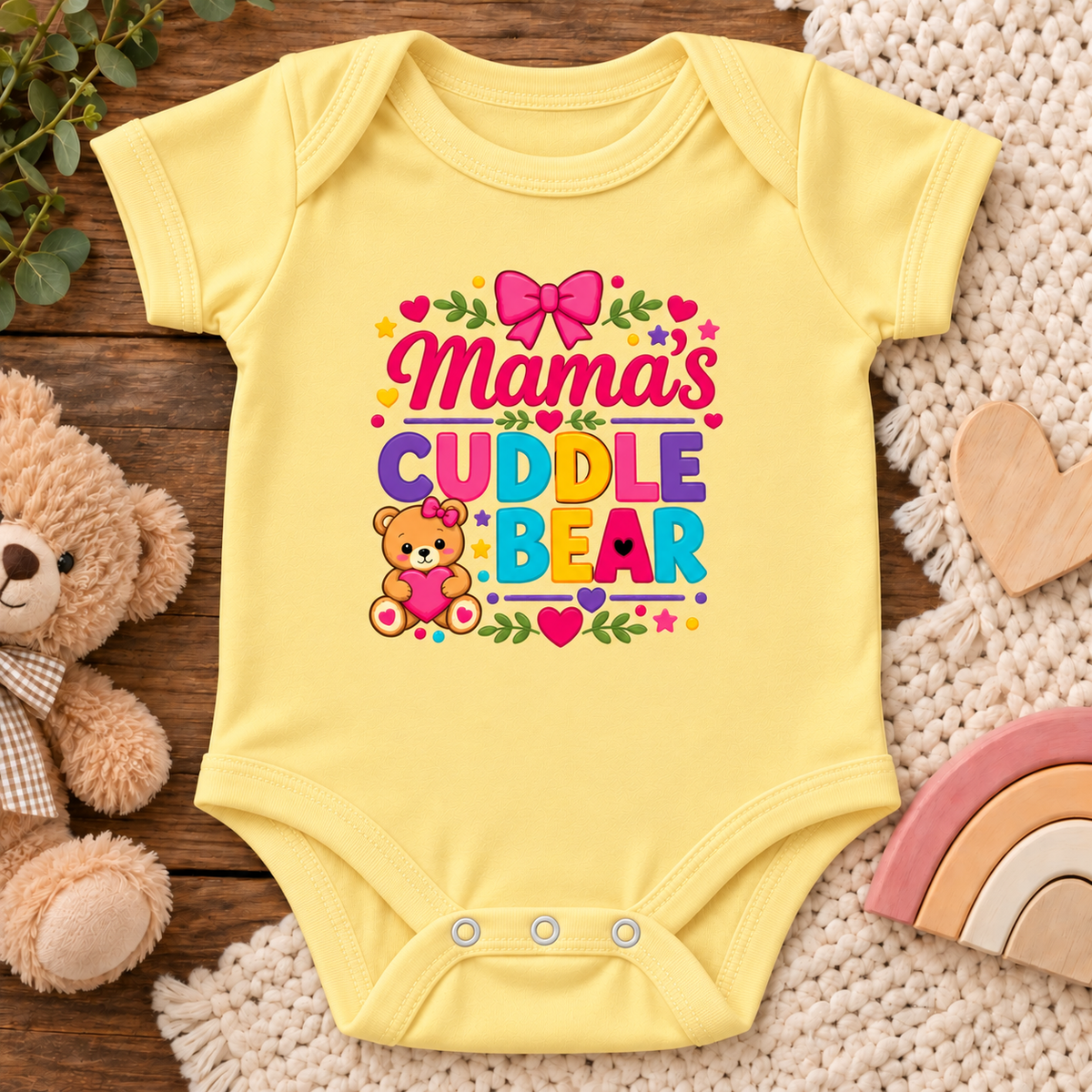A yellow short-sleeve baby bodysuit laid flat on a wooden surface, surrounded by a plush teddy bear, a knit blanket, wooden hearts, and a pastel rainbow. The bodysuit features a colorful graphic that reads 'Mama's Cuddle Bear' with a pink bow, green leaves, and a small teddy bear illustration.