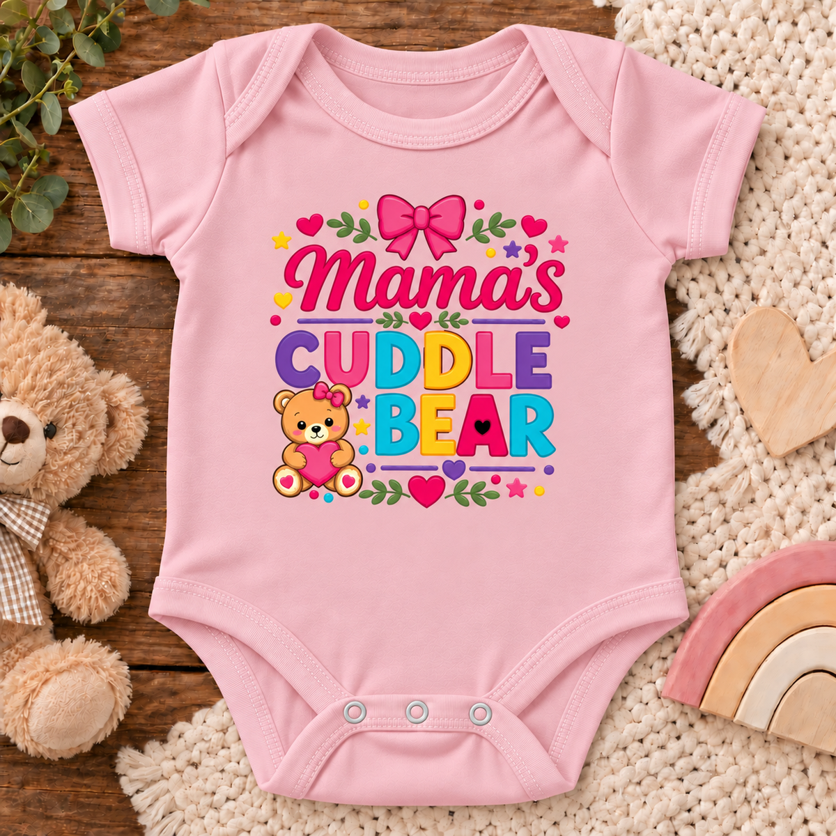 A light pink baby bodysuit with a colorful 'Mama's Cuddle Bear' graphic, styled in a flat-lay arrangement with a teddy bear, wooden heart, crochet blanket, and rainbow on a wooden surface.