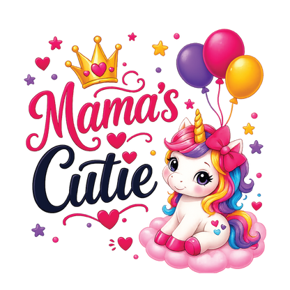 A colorful graphic design featuring the text 'Mama's Cutie' with a cute cartoon unicorn sitting on a pink cloud, surrounded by balloons, stars, and hearts. The 'Mama's' text is in pink with a gold crown above it, and the 'Cutie' text is in dark navy blue.