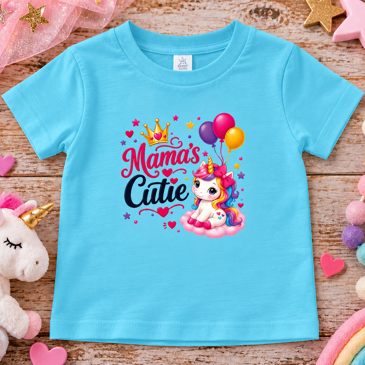 A chill blue colored toddler rabbit skins t-shirt with a unicorn, hearts, ballons design with text Mama's Cutie