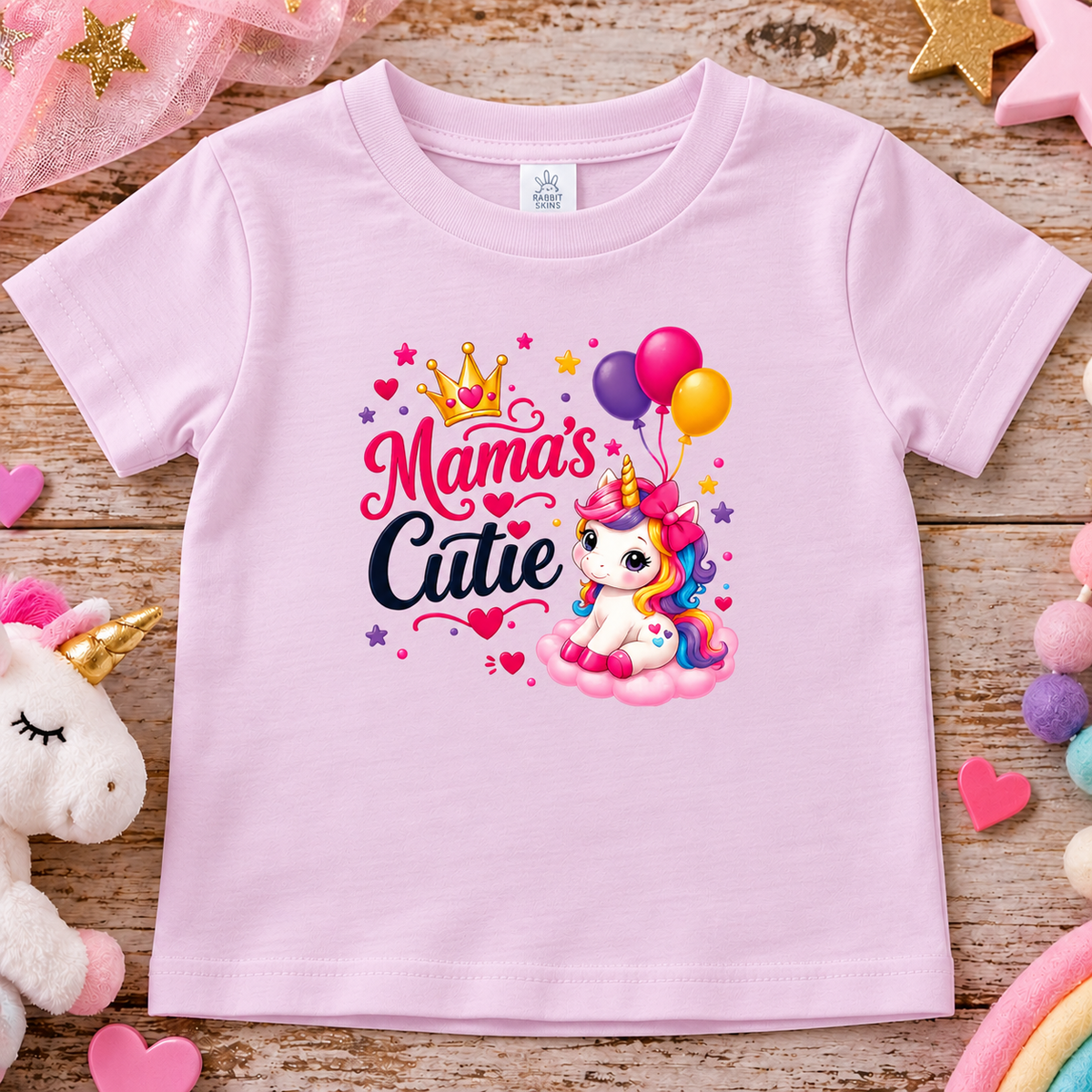 A ballerina pink colored toddler rabbit skins t-shirt with a unicorn, hearts, ballons design with text Mama's Cutie