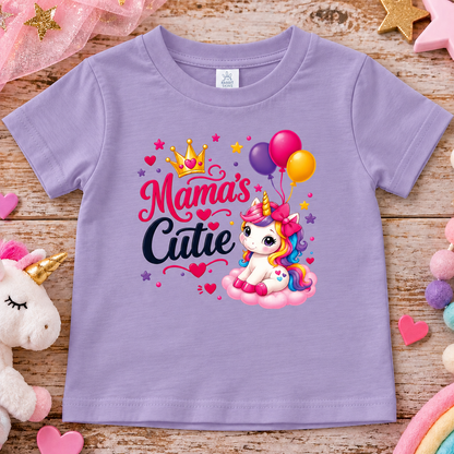A lavender colored toddler rabbit skins t-shirt with a unicorn, hearts, ballons design with text Mama's Cutie