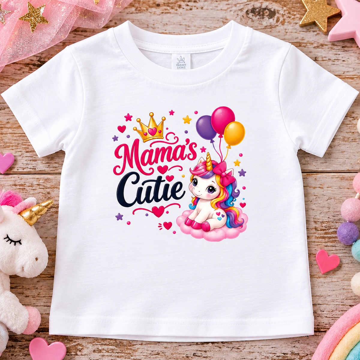 A white short-sleeve kids' t-shirt with a colorful 'Mama's Catie' cartoon unicorn graphic, displayed on a rustic wooden background with plush toys and pastel decorations.