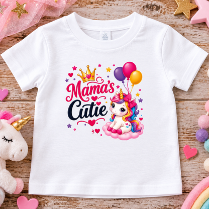 A white short-sleeve kids' t-shirt with a colorful 'Mama's Catie' cartoon unicorn graphic, displayed on a rustic wooden background with plush toys and pastel decorations.