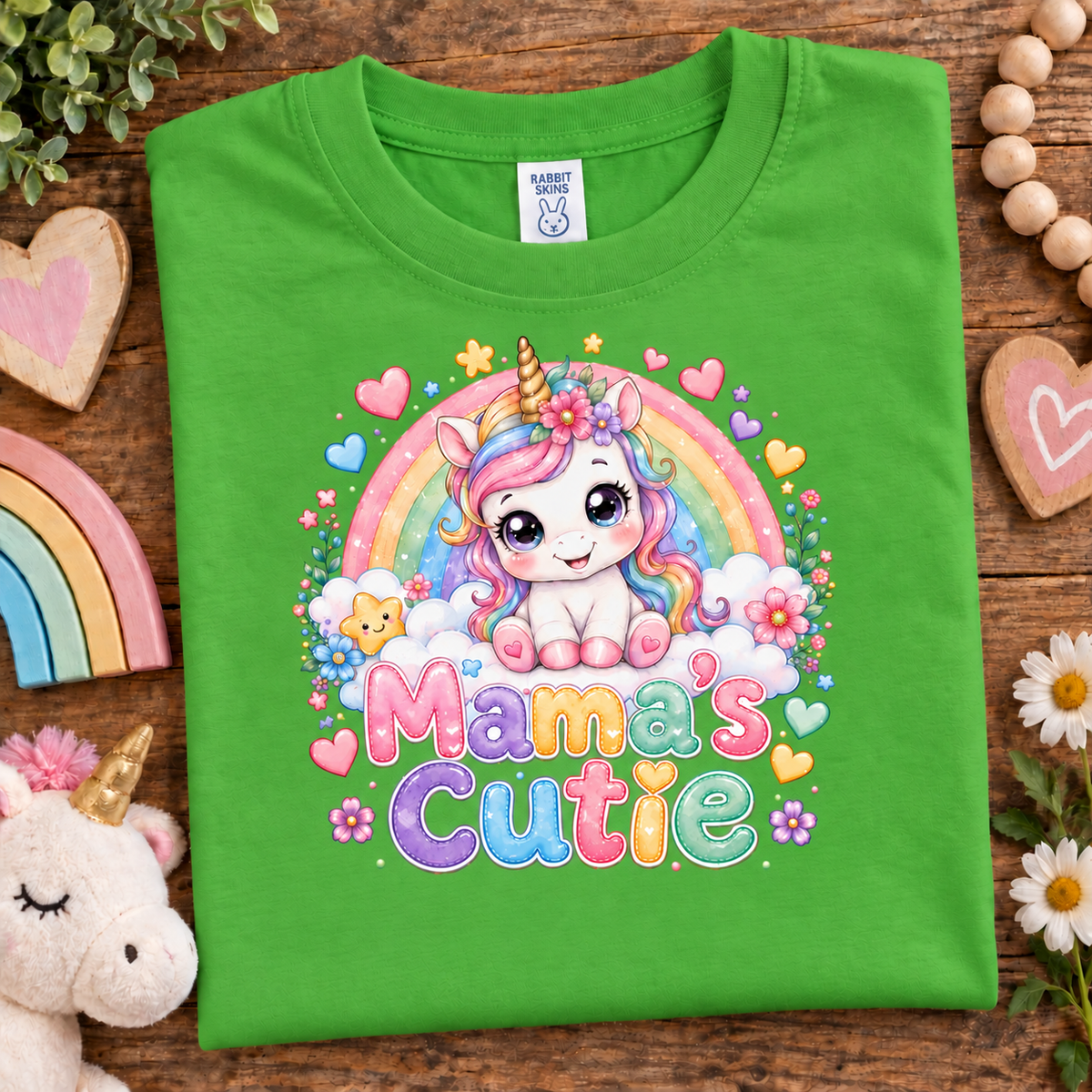 A bright apple green folded t-shirt with a colorful cartoon unicorn graphic and the text 'Mama's Cutie' on the front, displayed on a wooden surface with decorative props including flowers, a plush unicorn, and heart-shaped wooden items.