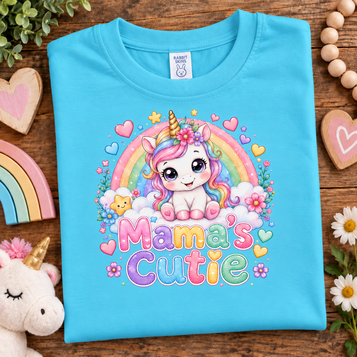 A folded aqua blue t-shirt with a colorful 'Mama's Cutie' unicorn graphic, displayed on a wooden surface with cute decorative props like a plush unicorn, wooden hearts, and flowers.